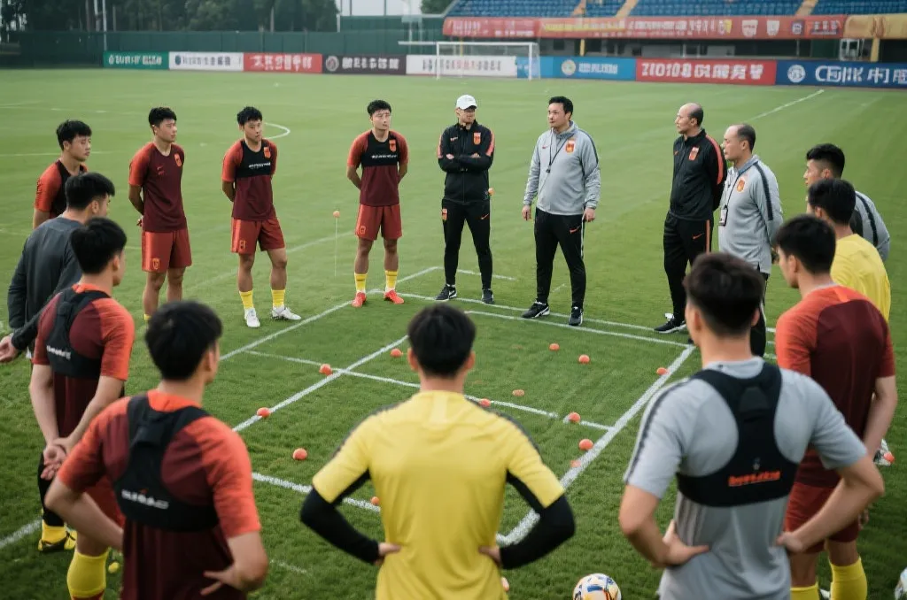 球员在训练场上重新演练战术配合