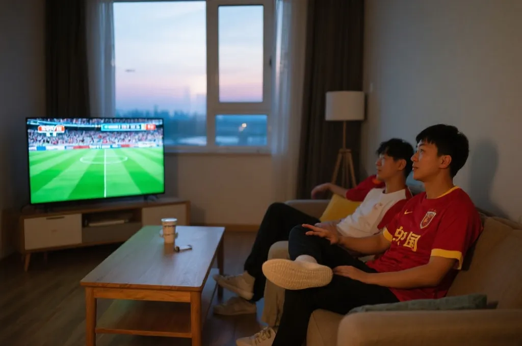 中国球迷在清晨观看世界杯直播的家庭场景